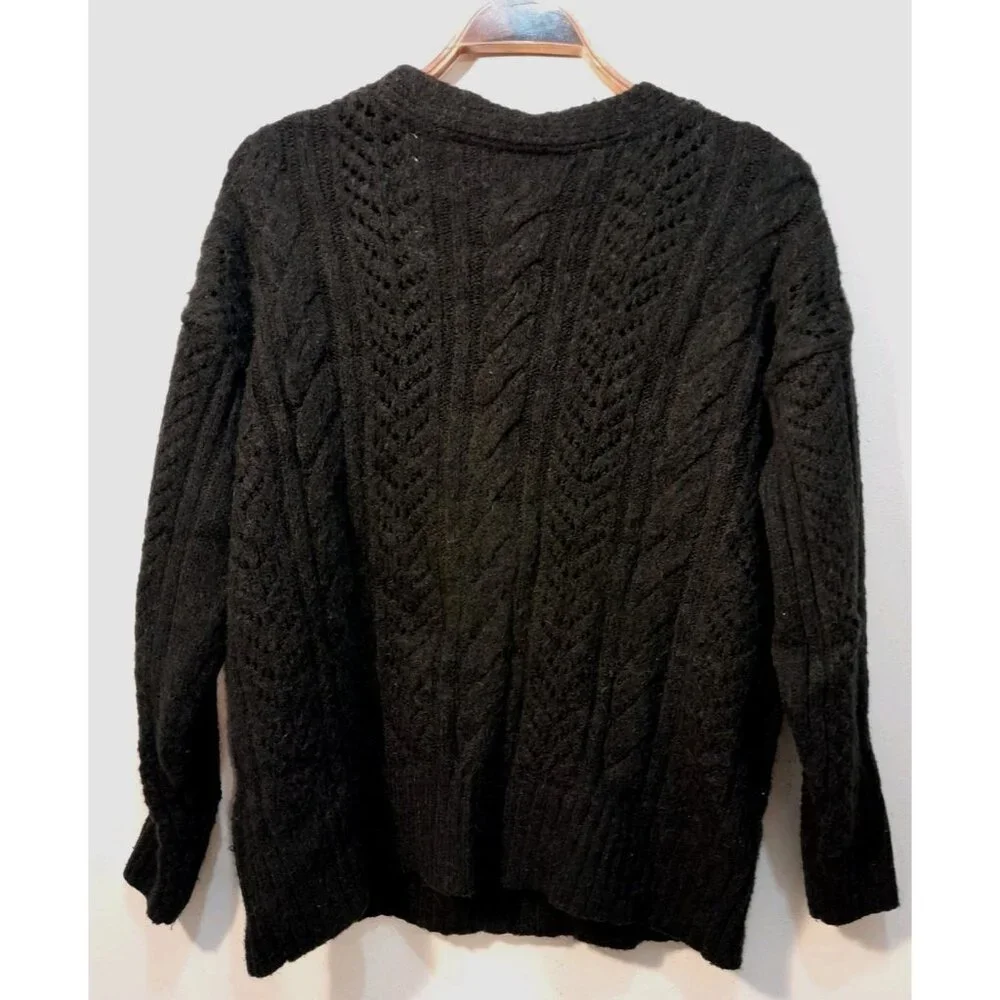 Anthropologie Pointelle Cardigan Sz Small Boho Oversized Cable-Knit Slouchy  Blk - Picture 7 of 11